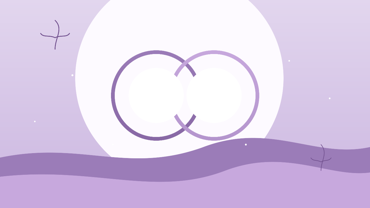 Soft abstract illustration of two overlapping violet rings suggesting connection at a gentle distance, with delicate botanical line accents