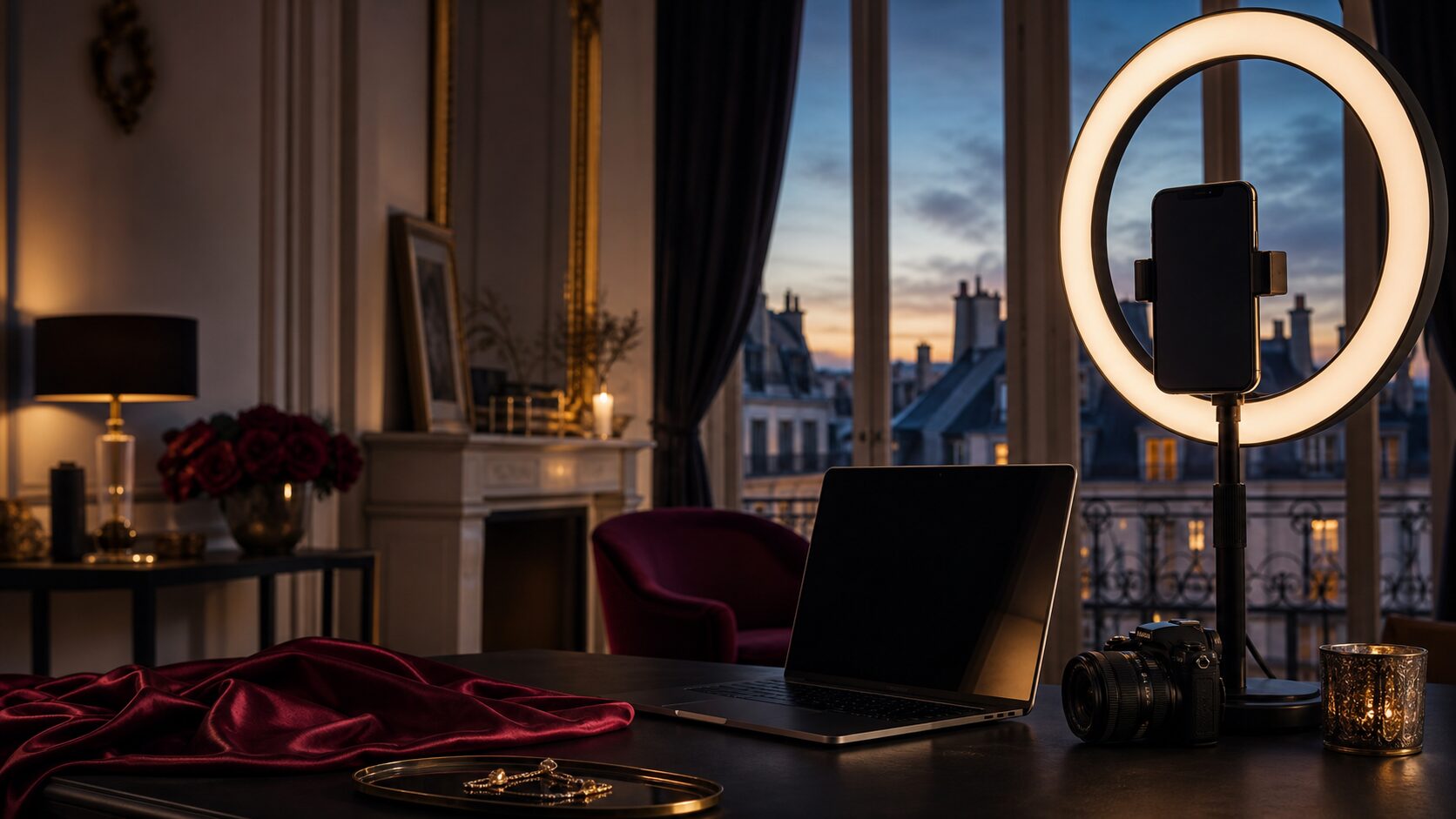An elegant European digital creator studio with a ring light, smartphone, laptop, camera, and city rooftops at dusk