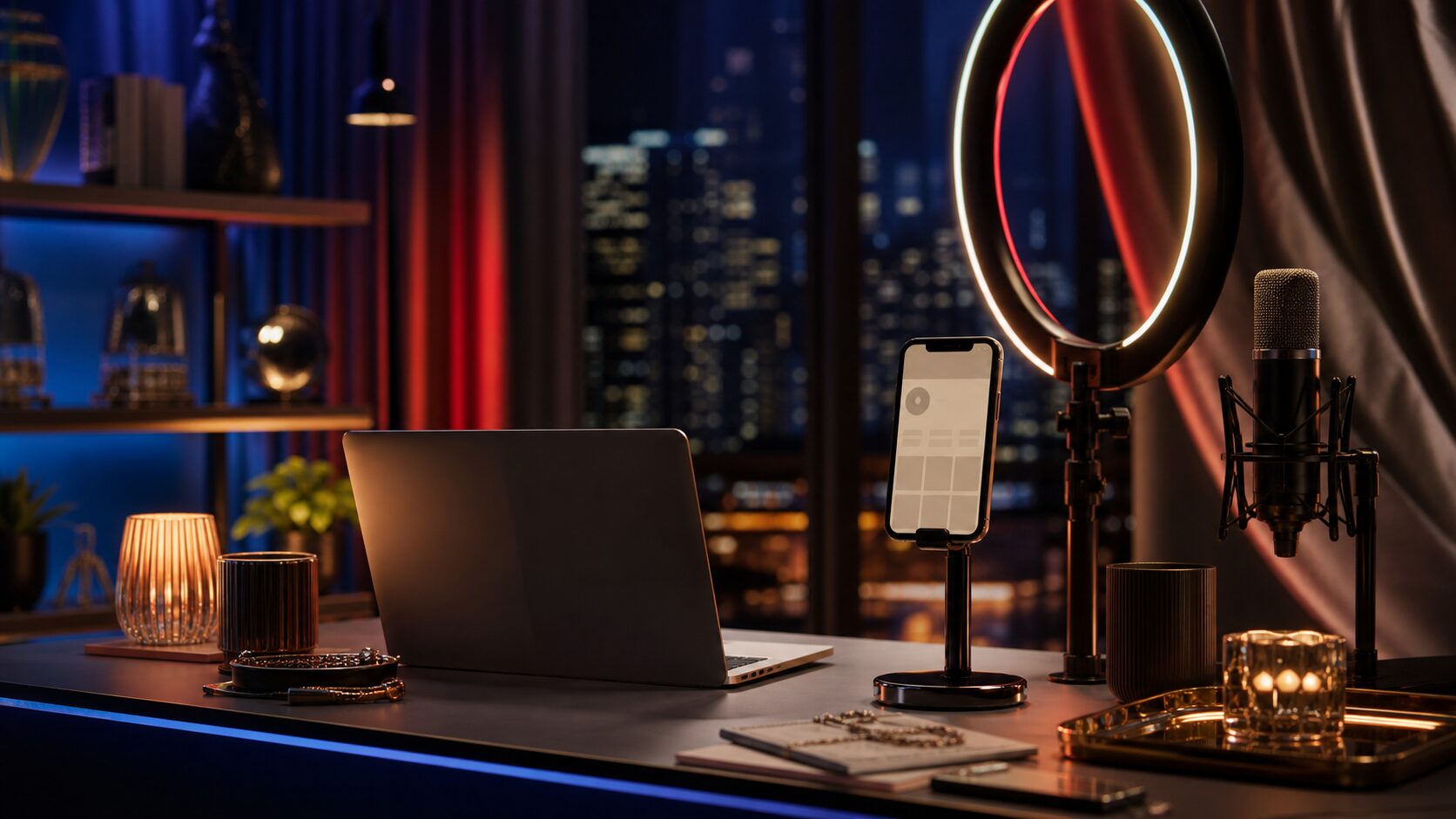 A professional digital creator studio with a ring light, smartphone, laptop, and tasteful red and blue evening lighting