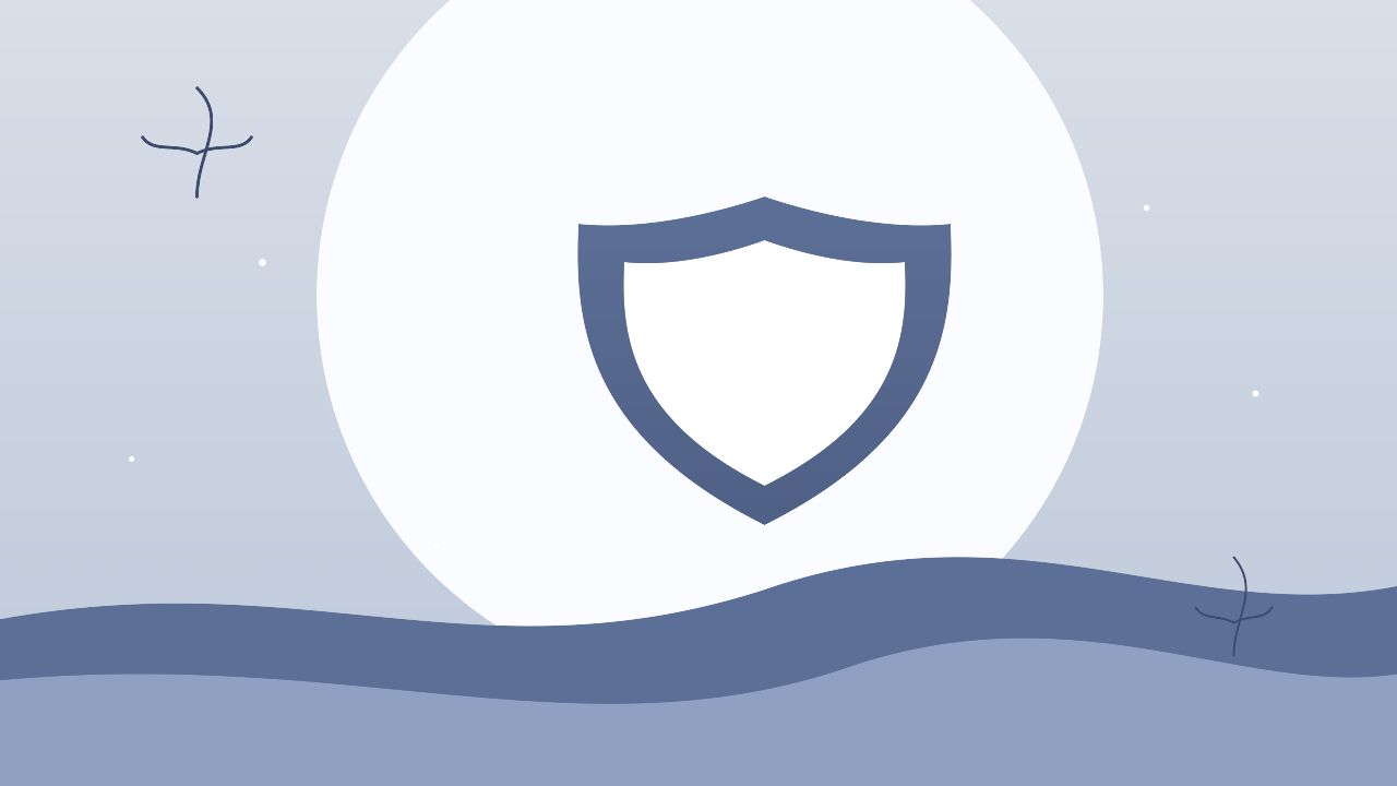 Soft abstract illustration of a slate-blue shield shape with a checkmark, suggesting protection and security, with delicate botanical line accents