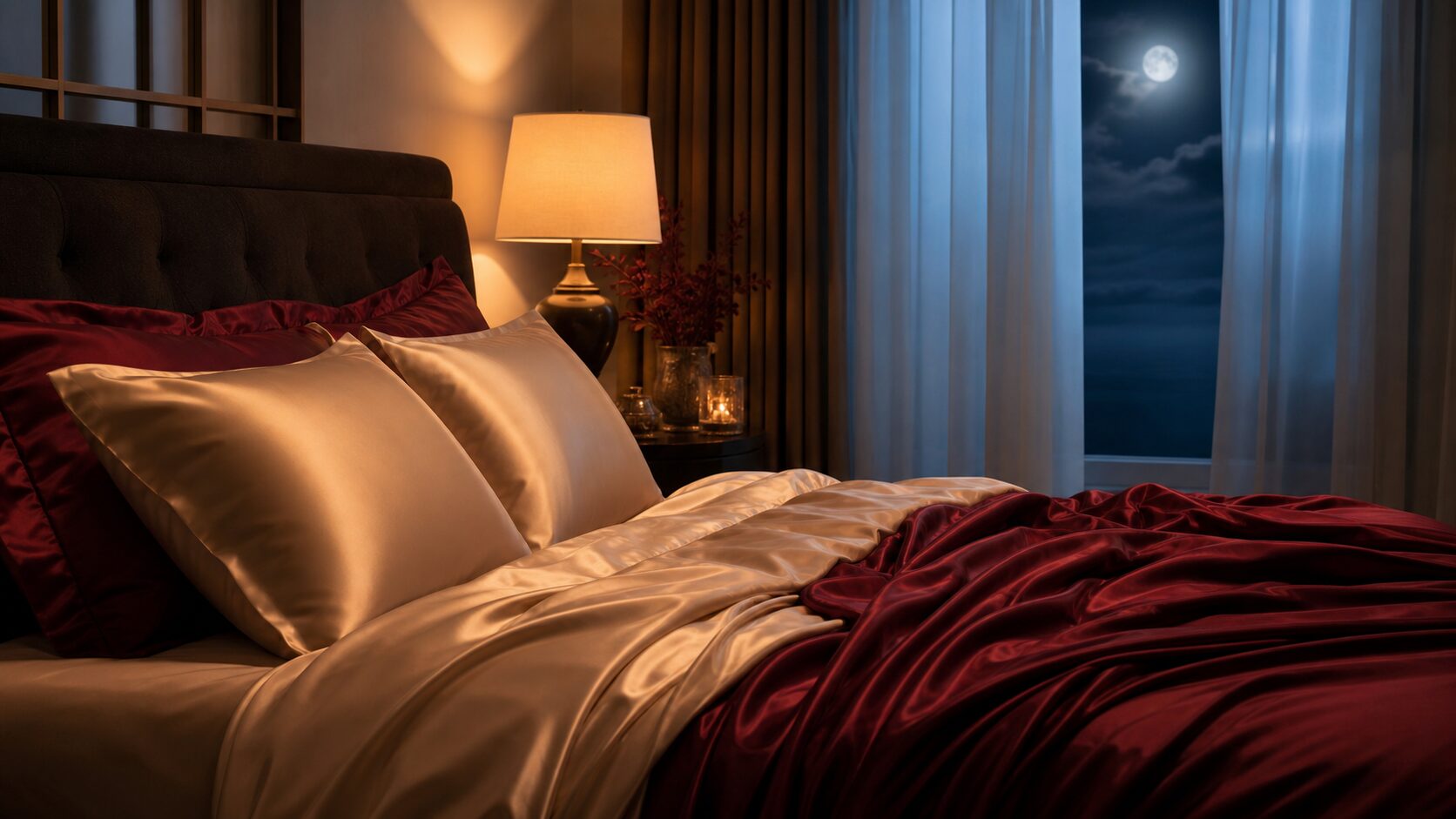 An elegant bedroom with burgundy silk bedding, warm lamplight, and moonlight, illustrating the connection between sleep and libido