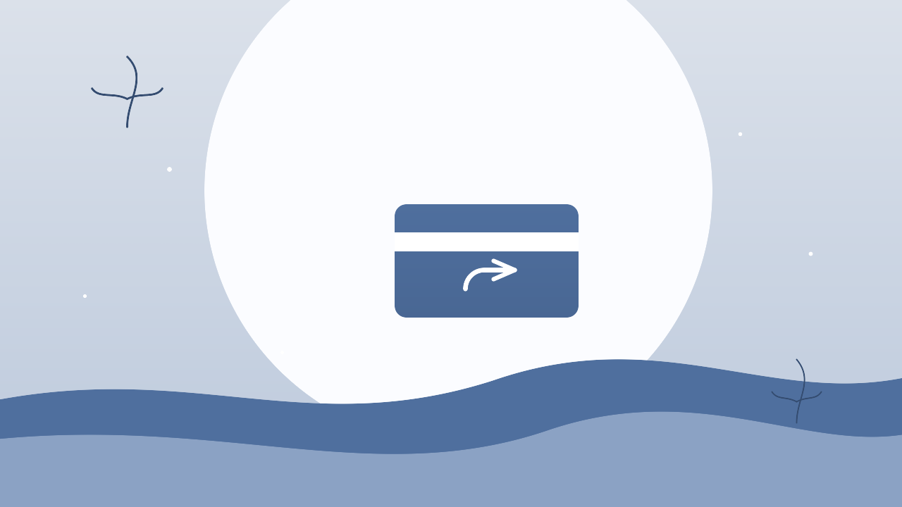Soft abstract illustration of a slate-blue payment card with a reversed arrow suggesting a disputed transaction, with delicate botanical line accents