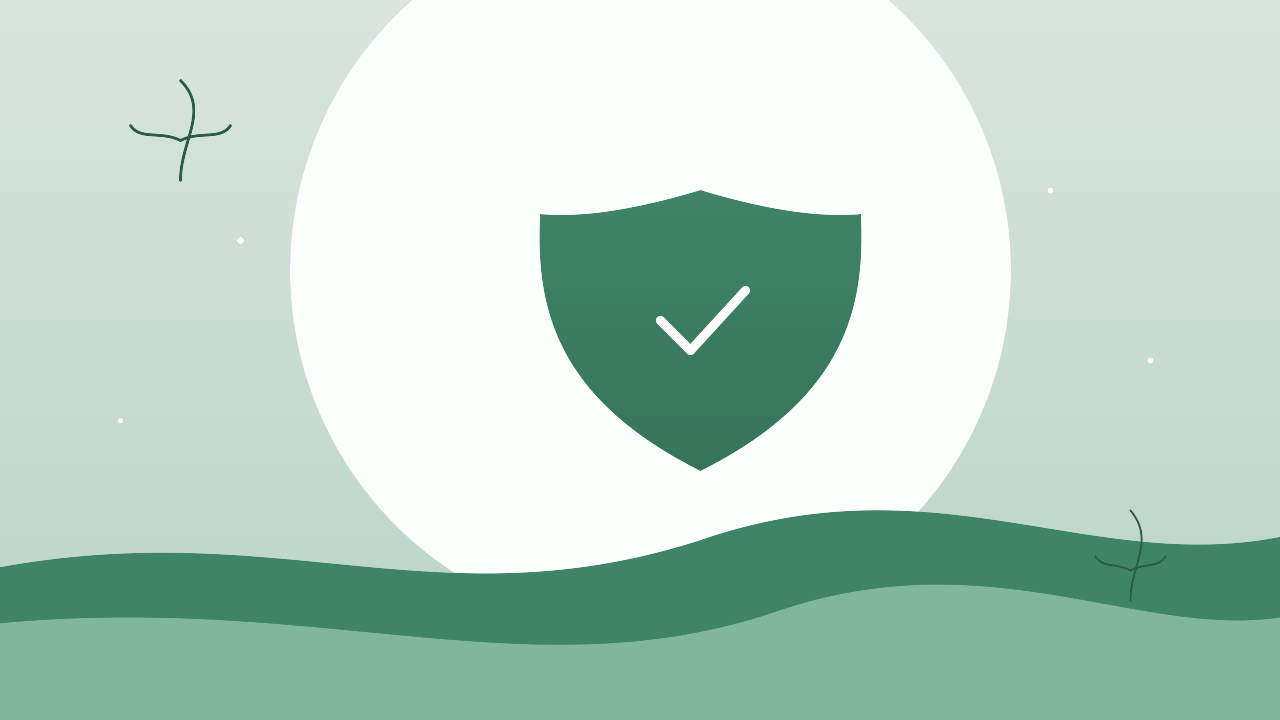 Soft abstract illustration of a green shield with a checkmark suggesting protection and resolution, with delicate botanical line accents