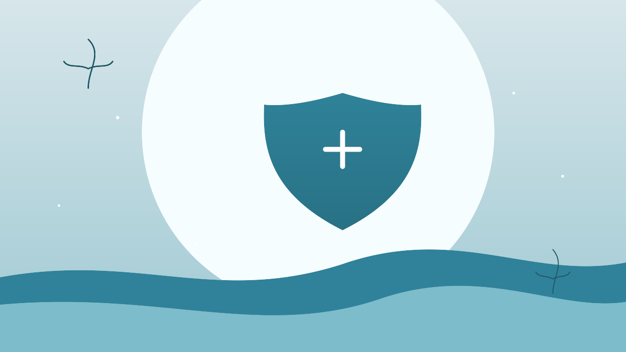 Abstract shield illustration with a plus sign, symbolizing sexual health protection and safer sex practices